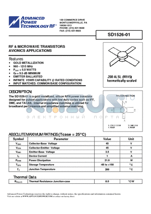 SD1526-01 datasheet - RF & MICROWAVE TRANSISTORS AVIONICS APPLICATIONS