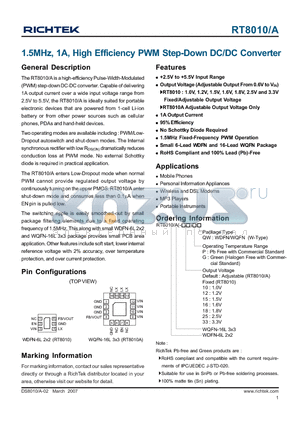 RT8010A datasheet - 1.5MHz, 1A, High Efficiency PWM Step-Down DC/DC Converter