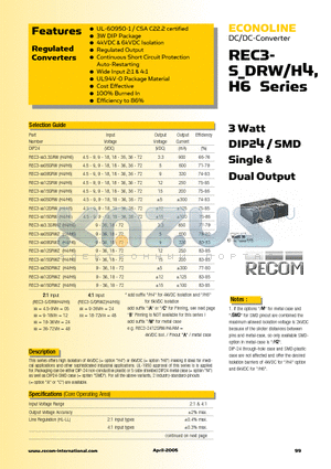 REC3-0509SRW/H6 datasheet - 3 Watt DIP24 / SMD Single & Dual Output