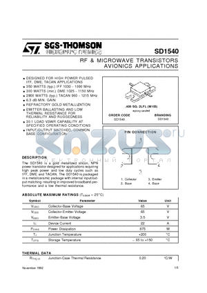 SD1540 datasheet - RF & MICROWAVE TRANSISTORS AVIONICS APPLICATIONS