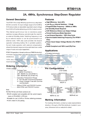 RT8011AGQW datasheet - 2A, 4MHz, Synchronous Step-Down Regulator