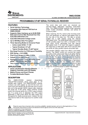 SN65LVDS306ZQER datasheet - PROGRAMMABLE 27-BIT SERIAL-TO-PARALLEL RECEIVER