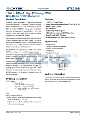 RT8010B datasheet - 1.5MHz, 800mA, High Efficiency PWM Step-Down DC/DC Converter