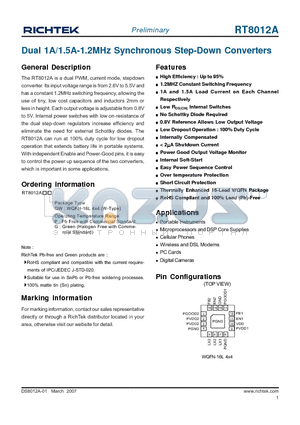 RT8012AGQW datasheet - Dual 1A/1.5A-1.2MHz Synchronous Step-Down Converters