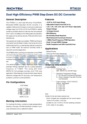 RT8020 datasheet - Dual High-Efficiency PWM Step-Down DC-DC Converter