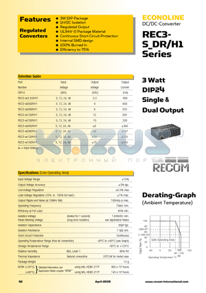 REC3-0515DR/H1 datasheet - 2 Watt DIP24 Single & Dual Output