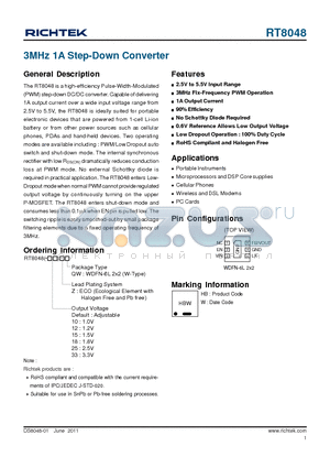 RT8048 datasheet - 3MHz 1A Step-Down Converter