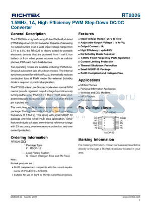 RT8026 datasheet - 1.5MHz, 1A, High Efficiency PWM Step-Down DC/DC Converter