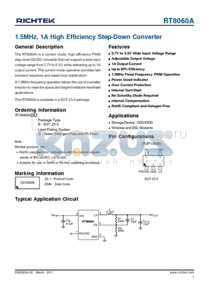 RT8060A datasheet - 1.5MHz, 1A High Efficiency Step-Down Converter