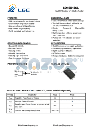 SD15U45SL datasheet - 15A/45V Ultra Low VF Schottky Rectifier