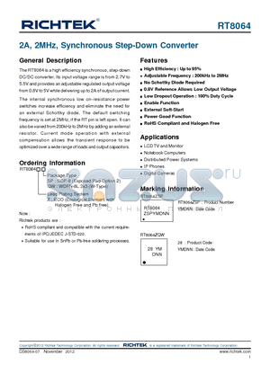 RT8064 datasheet - 2A, 2MHz, Synchronous Step-Down Converter