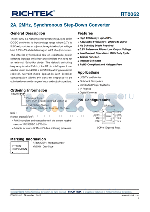 RT8062 datasheet - 2A, 2MHz, Synchronous Step-Down Converter