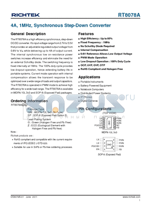 RT8078A datasheet - 4A, 1MHz, Synchronous Step-Down Converter