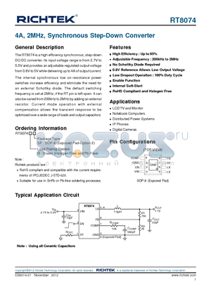 RT8074 datasheet - 4A, 2MHz, Synchronous Step-Down Converter