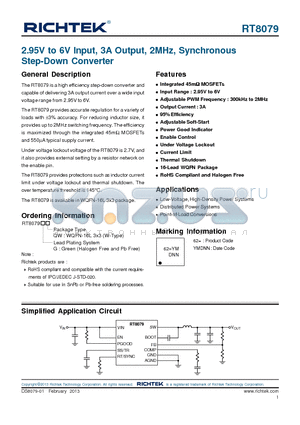 RT8079 datasheet - 2.95V to 6V Input, 3A Output, 2MHz, Synchronous Step-Down Converter