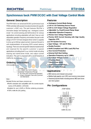 RT8100A datasheet - Synchronous buck PWM DC/DC with Dual Voltage Control Mode