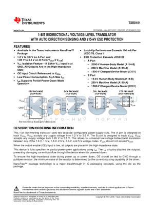 TXB0101 datasheet - 1-BIT BIDIRECTIONAL VOLTAGE-LEVEL TRANSLATOR WITH AUTO DIRECTION SENSING AND a15-kV ESD PROTECTION