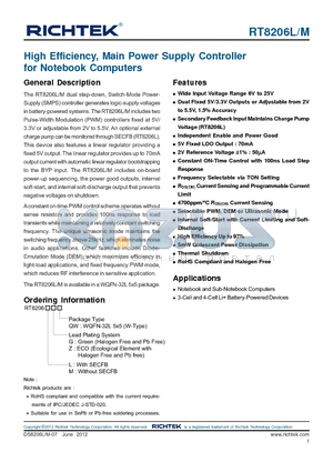 RT8206L datasheet - High Efficiency, Main Power Supply Controller for Notebook Computers