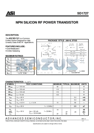SD1727 datasheet - NPN SILICON RF POWER TRANSISTOR