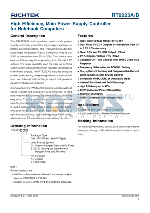 RT8223A datasheet - High Efficiency, Main Power Supply Controller for Notebook Computers