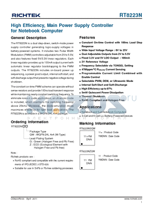 RT8223N datasheet - High Efficiency, Main Power Supply Controller for Notebook Computer