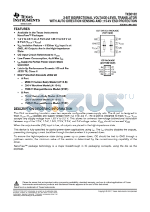 TXB0102DCTT datasheet - 2-BIT BIDIRECTIONAL VOLTAGE-LEVEL TRANSLATOR WITH AUTO DIRECTION SENSING AND a15-kV ESD PROTECTION