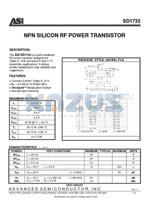 SD1732 datasheet - NPN SILICON RF POWER TRANSISTOR