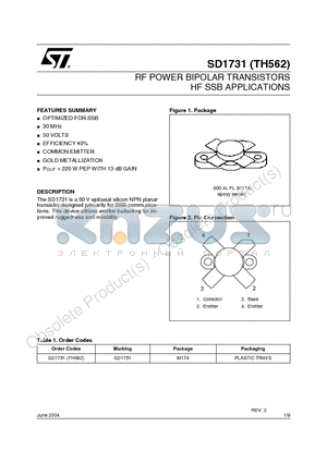 SD1731 datasheet - RF POWER BIPOLAR TRANSISTORS HF SSB APPLICATIONS