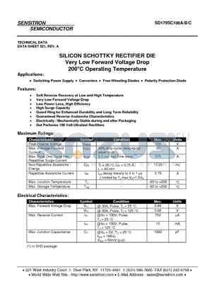 SD175SC100A datasheet - SILICON SCHOTTKY RECTIFIER DIE Very Low Forward Voltage Drop 200`C Operating Temperature