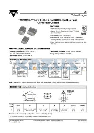 T96R107K010CBBS datasheet - TANTAMOUNT^ Low ESR, Hi-Rel COTS, Built-In Fuse Conformal Coated