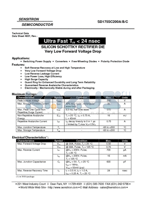 SD175SC200A datasheet - Ultra Fast Trr < 24 nsec SILICON SCHOTTKY RECTIFIER DIE Very Low Forward Voltage Drop