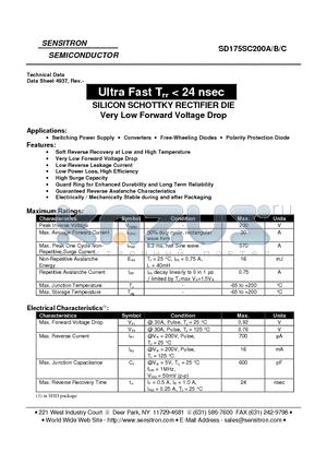 SD175SC200C datasheet - Ultra Fast Trr < 24 nsec SILICON SCHOTTKY RECTIFIER DIE Very Low Forward Voltage Drop