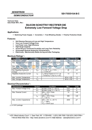 SD175SD15A datasheet - SILICON SCHOTTKY RECTIFIER DIE Extremely Low Forward Voltage Drop