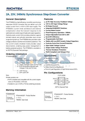 RT8292A datasheet - 2A, 23V, 340kHz Synchronous Step-Down Converter