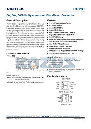 RT8299 datasheet - 3A, 24V, 500kHz Synchronous Step-Down Converter