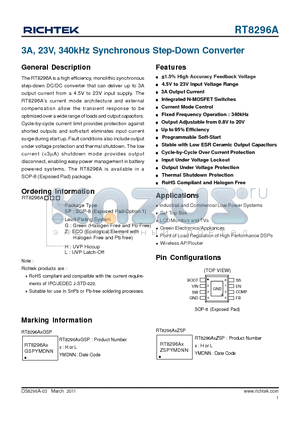 RT8296A datasheet - 3A, 23V, 340kHz Synchronous Step-Down Converter