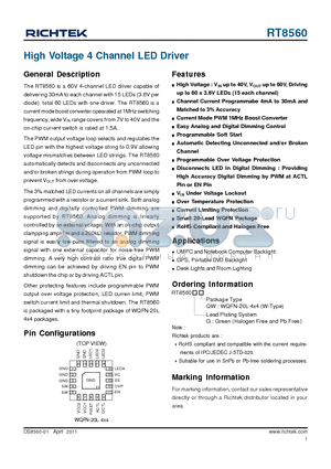 RT8560 datasheet - High Voltage 4 Channel LED Driver