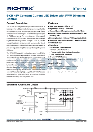 RT8567A datasheet - 6-CH 43V Constant Current LED Driver with PWM Dimming Control