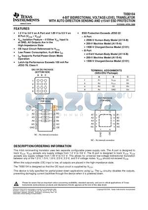 TXB0104DR datasheet - 4-BIT BIDIRECTIONAL VOLTAGE-LEVEL TRANSLATOR WITH AUTO DIRECTION SENSING AND a15-kV ESD PROTECTION