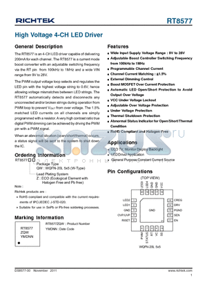 RT8577 datasheet - High Voltage 4-CH LED Driver