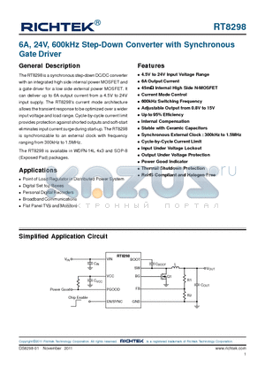 RT8298 datasheet - 6A, 24V, 600kHz Step-Down Converter with Synchronous Gate Driver