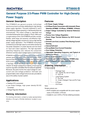 RT8800 datasheet - General Purpose 2/3-Phase PWM Controller for High-Density Power Supply