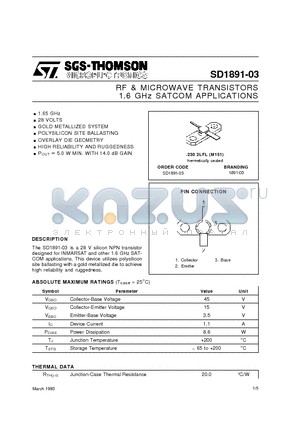 SD1891-03 datasheet - RF & MICROWAVE TRANSISTORS 1.6 GHz SATCOM APPLICATIONS