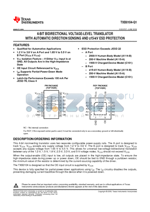 TXB0104QPWRQ1 datasheet - 4-BIT BIDIRECTIONAL VOLTAGE-LEVEL TRANSLATOR WITH AUTOMATIC DIRECTION SENSING AND 15-kV ESD PROTECTION