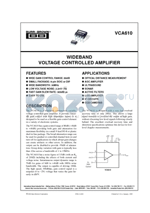 VCA610 datasheet - WIDEBAND VOLTAGE CONTROLLED AMPLIFIER