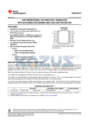 TXB0106-Q1 datasheet - 6-BIT BIDIRECTIONAL VOLTAGE-LEVEL TRANSLATOR WITH AUTO-DIRECTION SENSING AND 10-kV ESD PROTECTION