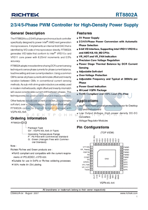 RT8802AGQV datasheet - 2/3/4/5-Phase PWM Controller for High-Density Power Supply