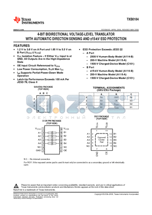 TXB0104YZTR datasheet - 4-BIT BIDIRECTIONAL VOLTAGE-LEVEL TRANSLATOR WITH AUTOMATIC DIRECTION SENSING AND a15-kV ESD PROTECTION