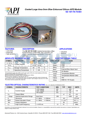 SD197-70-74-661 datasheet - Cooled Large Area 5mm Blue Enhanced Silicon APD Module