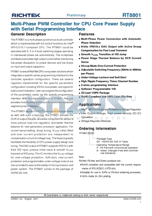 RT8801 datasheet - Multi-Phase PWM Controller for CPU Core Power Supply with Serial Programming Interface